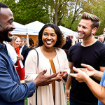 A group of diverse consumers smiling and interacting with a company representative at a community event, showcasing trust and positive brand perception.