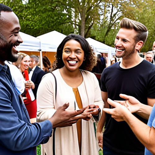 A group of diverse consumers smiling and interacting with a company representative at a community event, showcasing trust and positive brand perception.