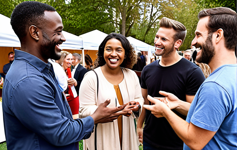 A group of diverse consumers smiling and interacting with a company representative at a community event, showcasing trust and positive brand perception.