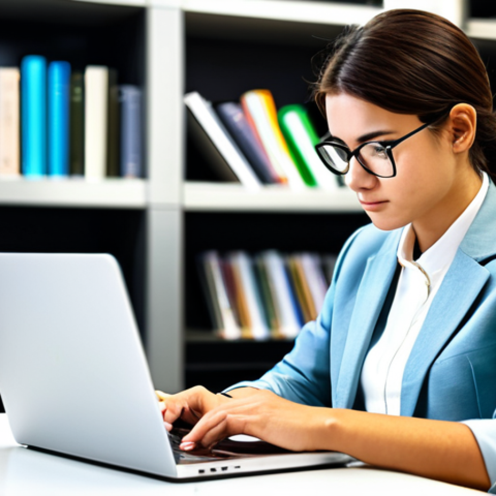 A focused young professional, fully clothed in a modest business casual outfit, sitting at a clean, modern desk. They are intently studying on a laptop, which displays a mock exam interface for brand communication certification. The background features a blurred bookshelf with business and marketing books, in a well-lit, quiet study environment. The overall atmosphere is calm and studious. Perfect anatomy, correct proportions, natural pose, well-formed hands, proper finger count, natural body proportions. Professional photography, high quality, safe for work, appropriate content, family-friendly.