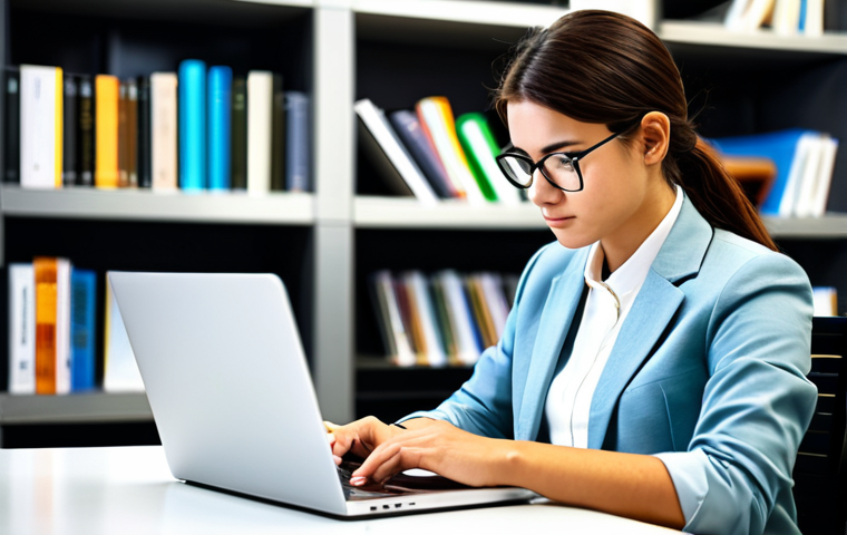 A focused young professional, fully clothed in a modest business casual outfit, sitting at a clean, modern desk. They are intently studying on a laptop, which displays a mock exam interface for brand communication certification. The background features a blurred bookshelf with business and marketing books, in a well-lit, quiet study environment. The overall atmosphere is calm and studious. Perfect anatomy, correct proportions, natural pose, well-formed hands, proper finger count, natural body proportions. Professional photography, high quality, safe for work, appropriate content, family-friendly.